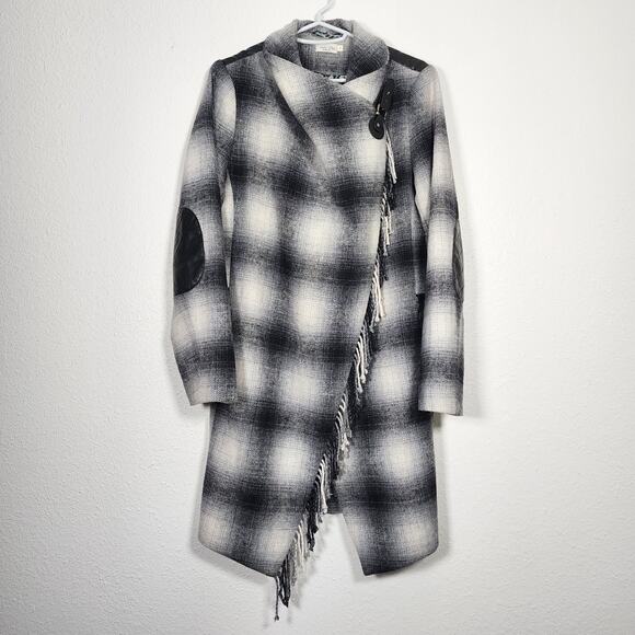 Tasha Polizzi Fringe Wrap Coat Western Ranch Plaid Wool Elbow Patches Size Small - Picture 2 of 11